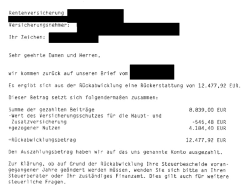 Geschwärzter Ausschnitt aus einem Abrechnungsschreiben eines Versicherers mit ausgewiesenem Rückkaufswert