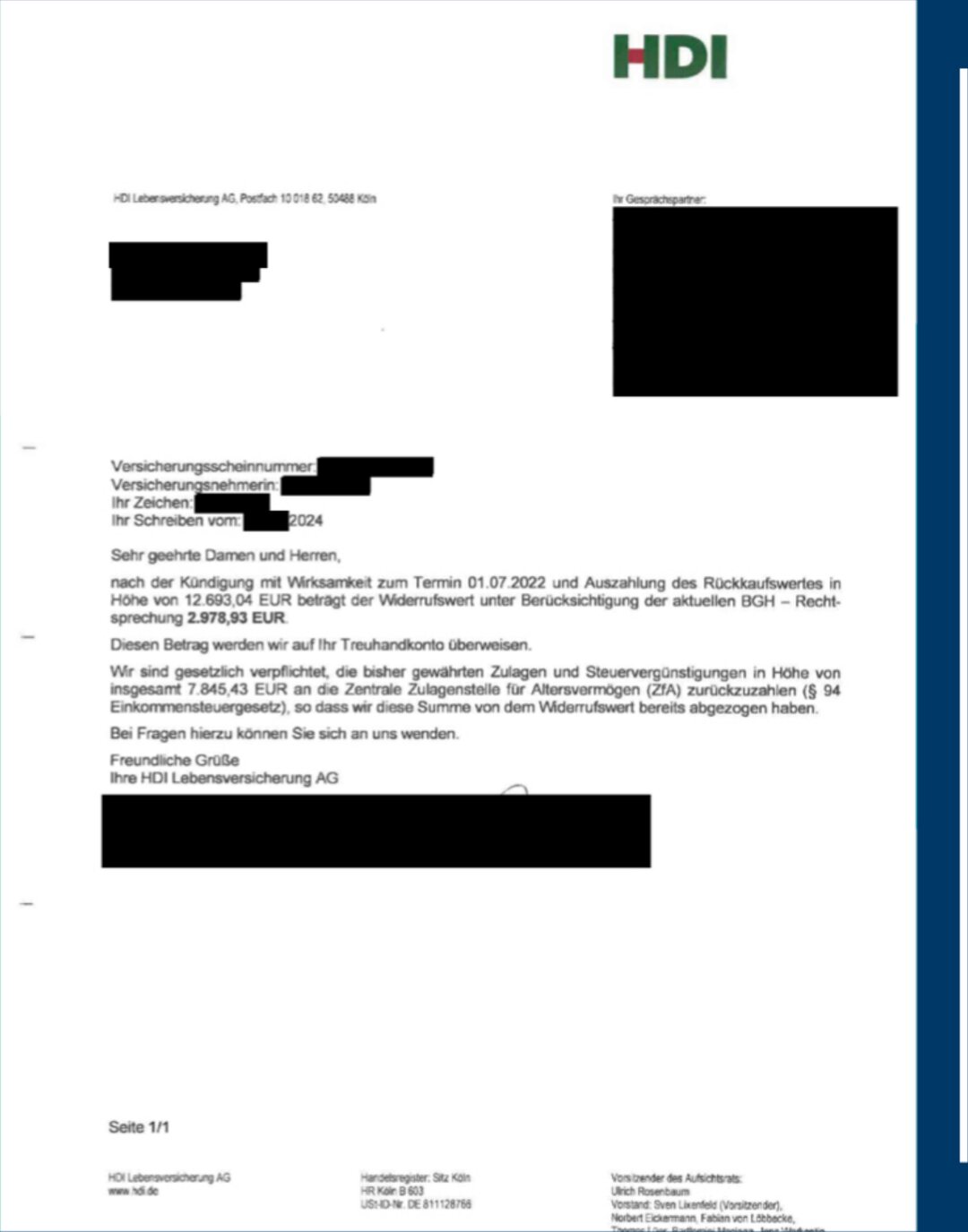 Original-Abrechnungsschreiben des Versicherers (geschwärzt), Fall 01: Kapital-Lebensversicherung, +23,47 % Mehrerlös nach 24 Monate Nachverhandlung
