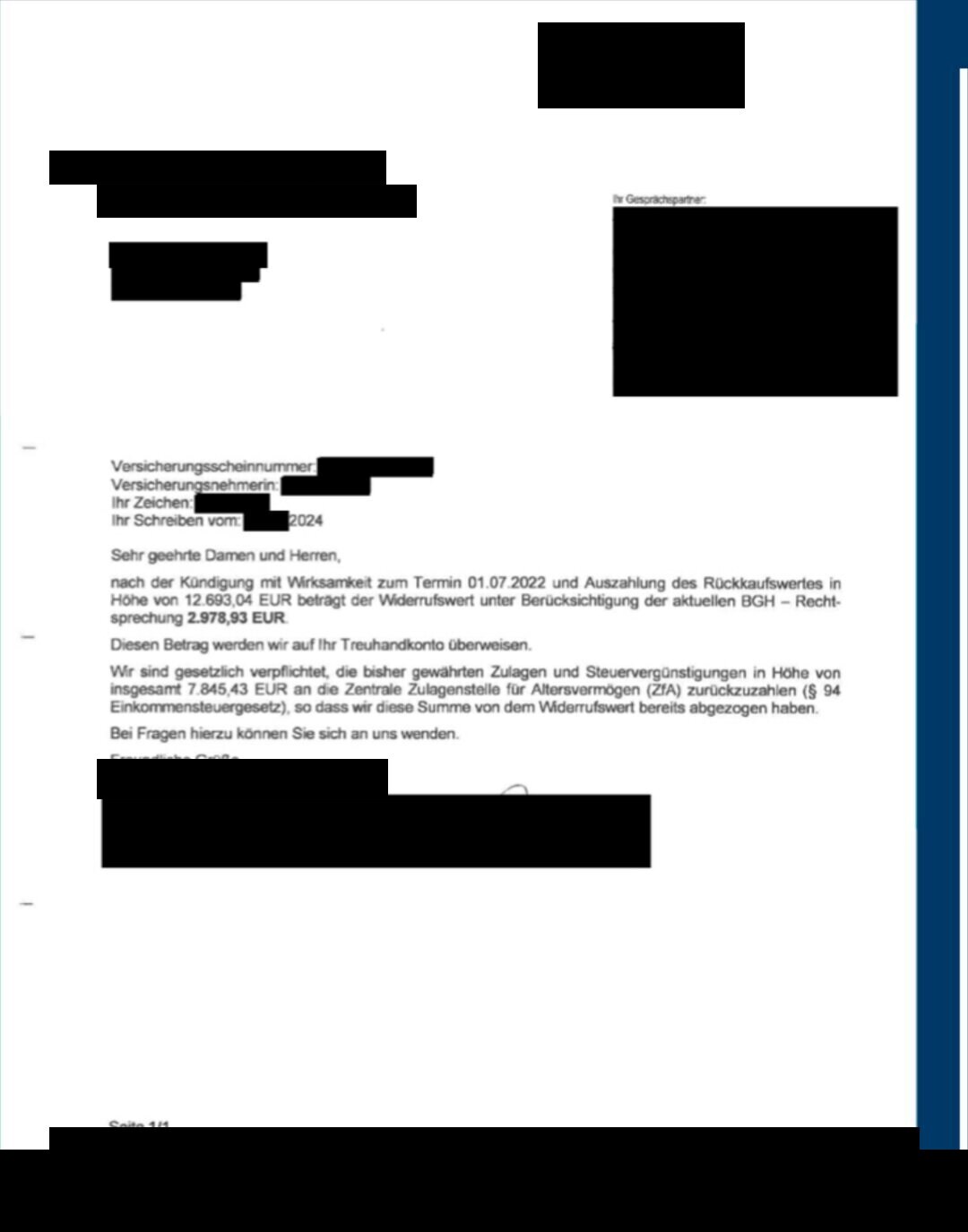 Geschwärztes Abrechnungsschreiben eines Versicherers zu einer Kapital-Lebensversicherung