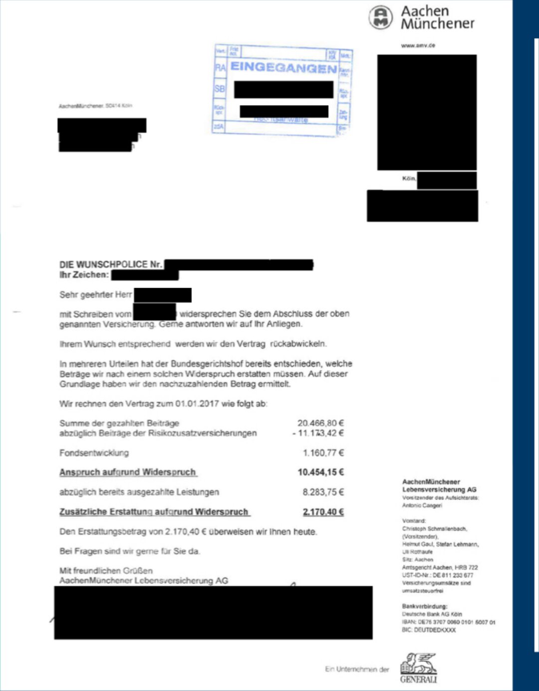Original-Abrechnungsschreiben des Versicherers (geschwärzt), Fall 02: Fondsgebundene Lebensversicherung, +26,31 % Mehrerlös nach 12 Monate Nachverhandlung
