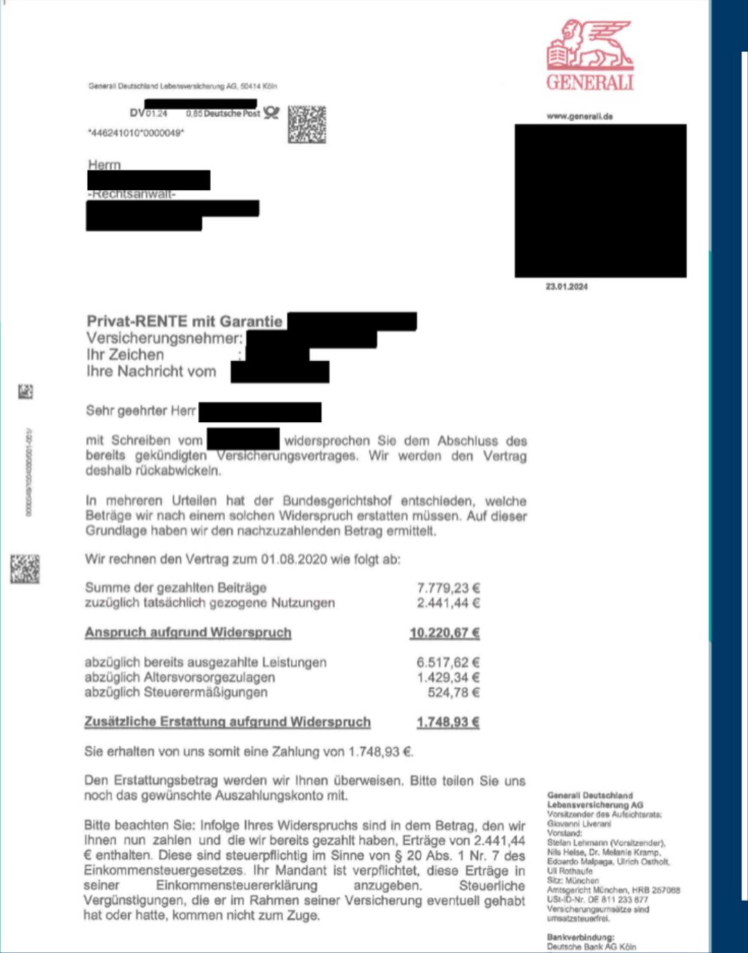 Original-Abrechnungsschreiben des Versicherers (geschwärzt), Fall 03: Private Rentenversicherung mit Garantie, +31,38 % Mehrerlös nach 41 Monate Nachverhandlung