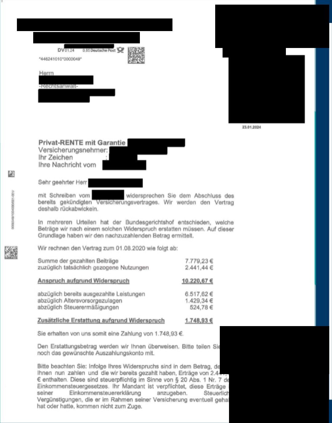 Geschwärztes Abrechnungsschreiben eines Versicherers zu einer privaten Rentenversicherung