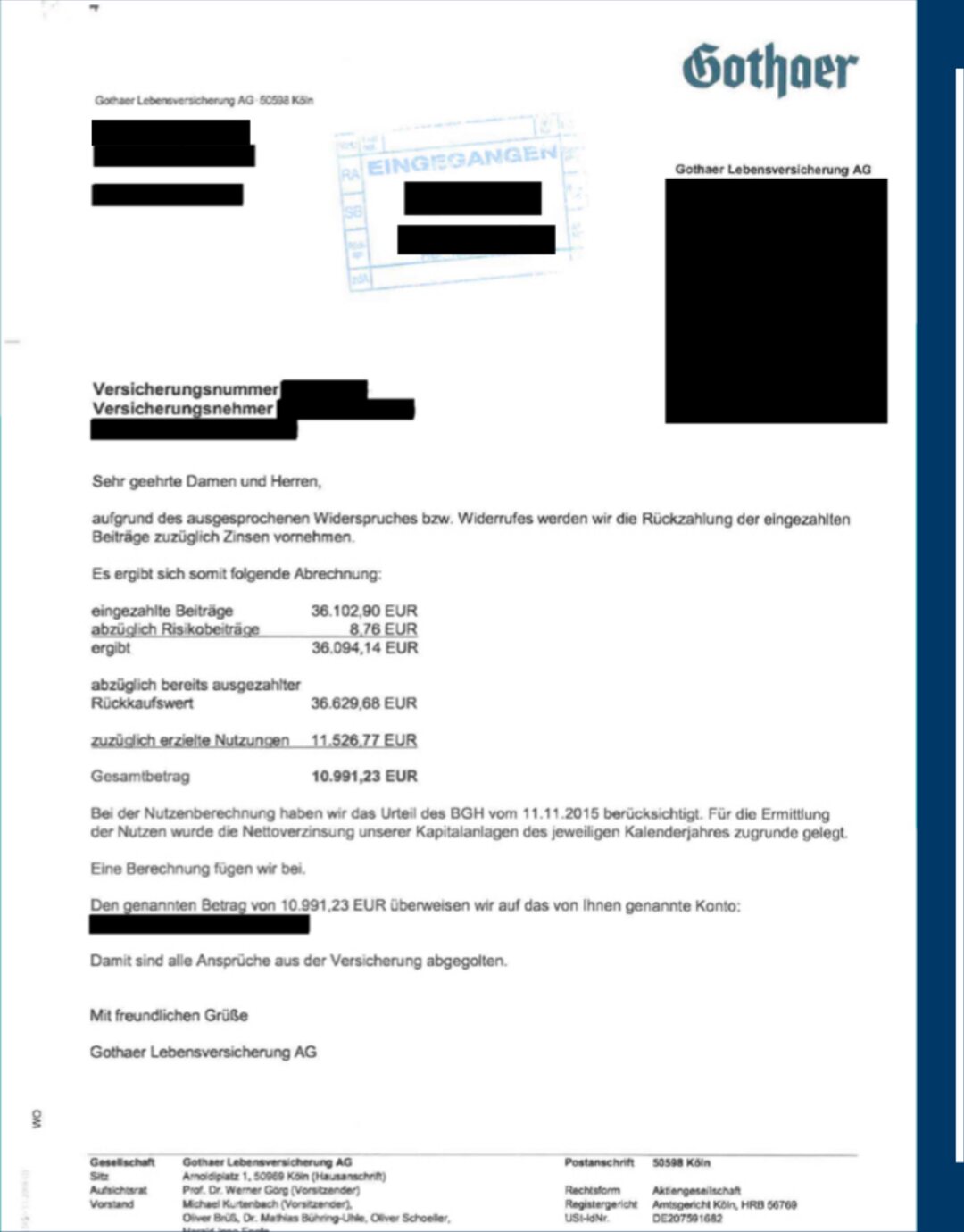 Original-Abrechnungsschreiben des Versicherers (geschwärzt), Fall 04: Kapital-Lebensversicherung, +31,47 % Mehrerlös nach 3 Monate Nachverhandlung