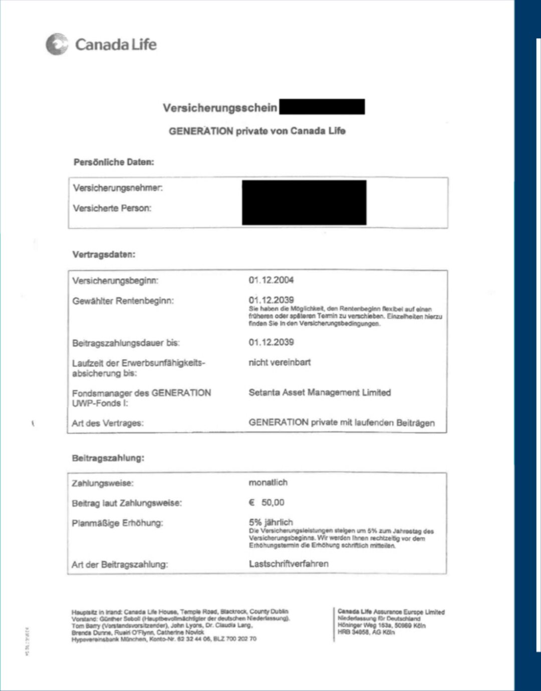 Original-Abrechnungsschreiben des Versicherers (geschwärzt), Fall 05: Fondsgebundene Renten­versicherung, +41,90 % Mehrerlös nach 5 Monate Nachverhandlung