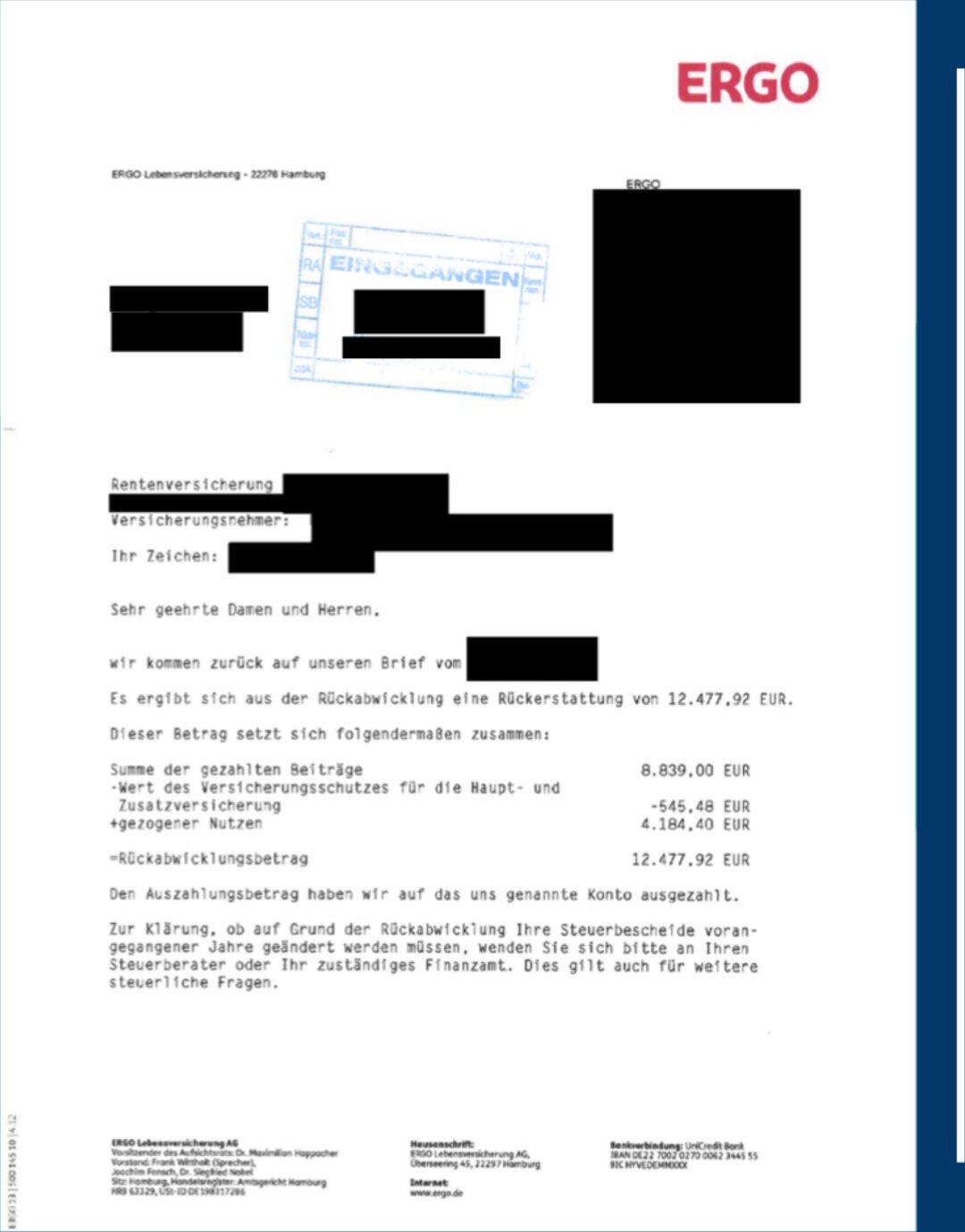 Original-Abrechnungsschreiben des Versicherers (geschwärzt), Fall 06: Rentenversicherung, +50,45 % Mehrerlös nach 11 Monate Nachverhandlung