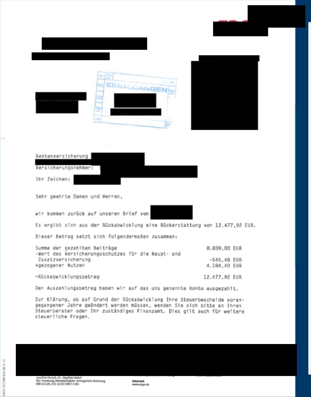 Anonymisiertes Versicherer-Schreiben aus dem Beweisarchiv, Akte 06 von 12