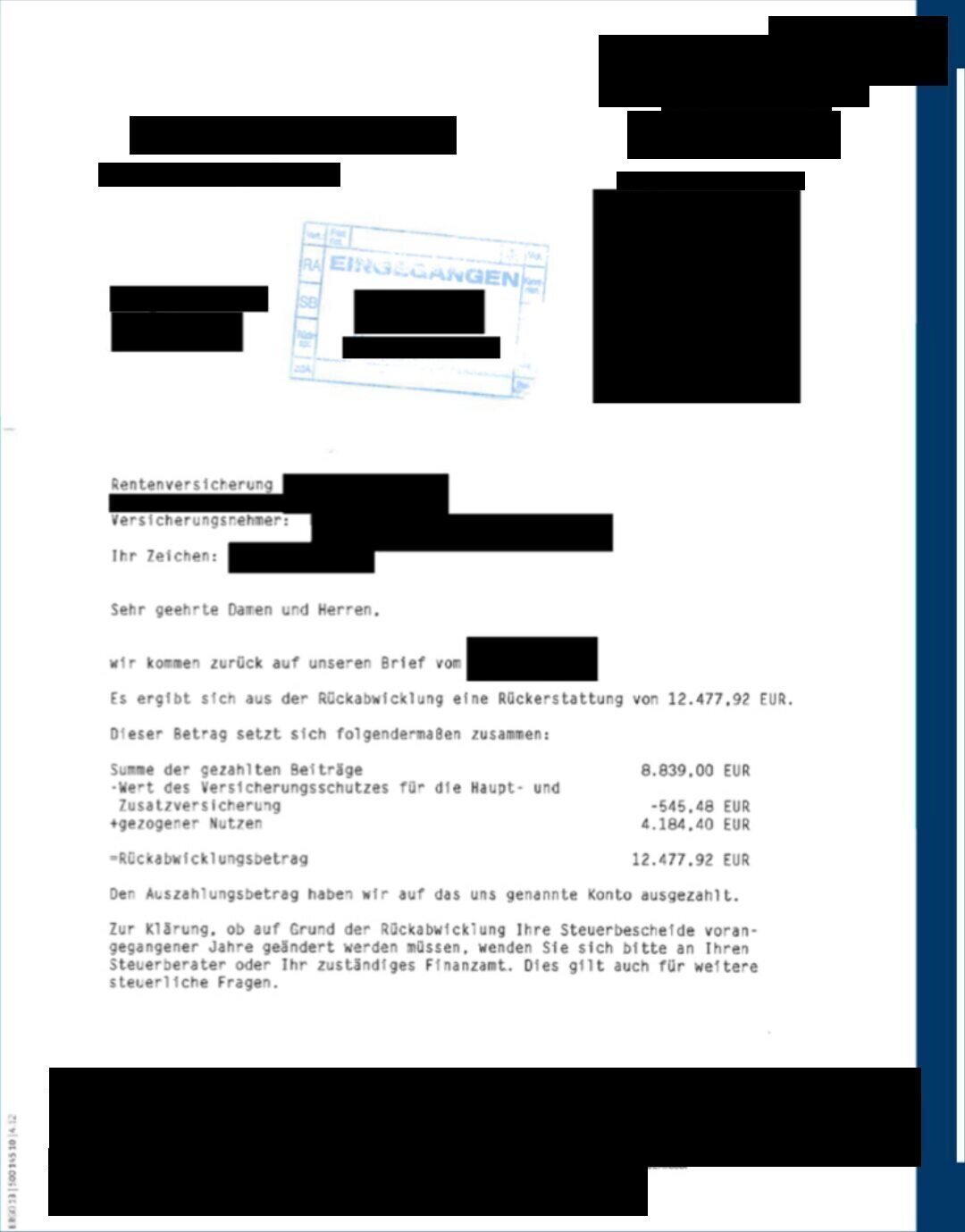 Geschwärztes Abrechnungsschreiben eines Versicherers zu einer Rentenversicherung
