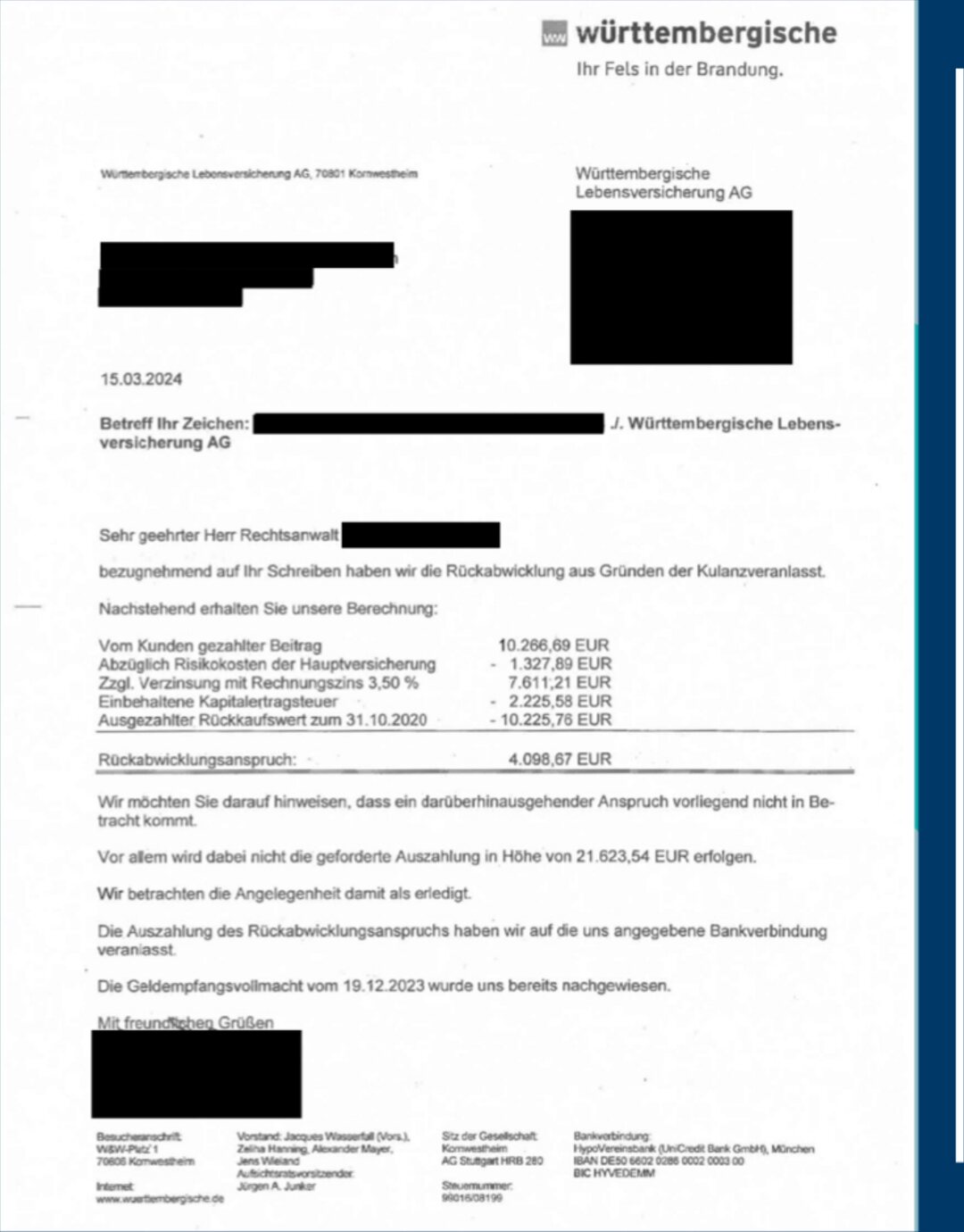 Original-Abrechnungsschreiben des Versicherers (geschwärzt), Fall 07: Kapital-Lebensversicherung, +74,13 % Mehrerlös nach 41 Monate Nachverhandlung