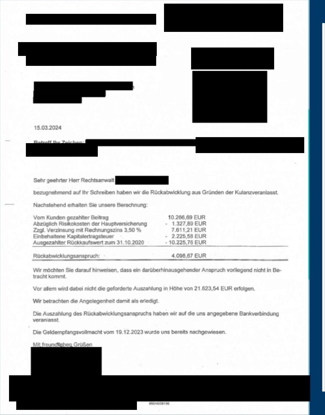 Geschwärztes Abrechnungsschreiben eines Versicherers zu einer Kapital-Lebensversicherung