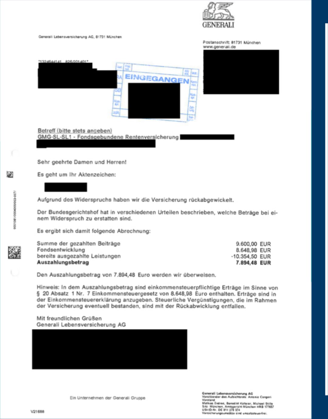 Original-Abrechnungsschreiben des Versicherers (geschwärzt), Fall 08: Fondsgebundene Renten­versicherung, +76,24 % Mehrerlös nach 9 Monate Nachverhandlung