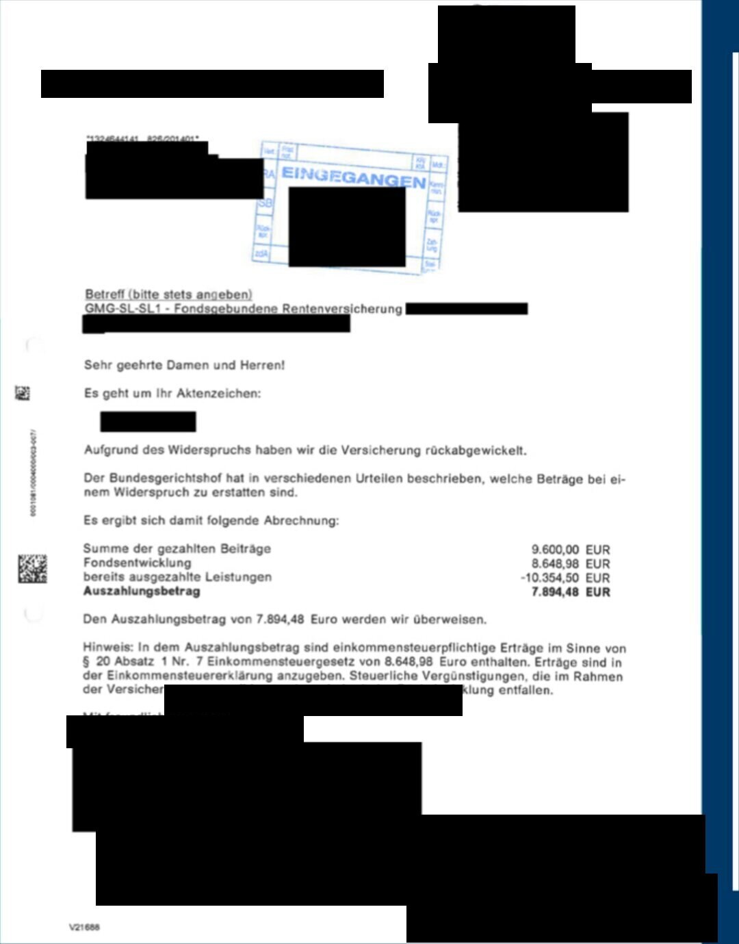 Geschwärztes Abrechnungsschreiben eines Versicherers mit aufgeschlüsselten Beträgen