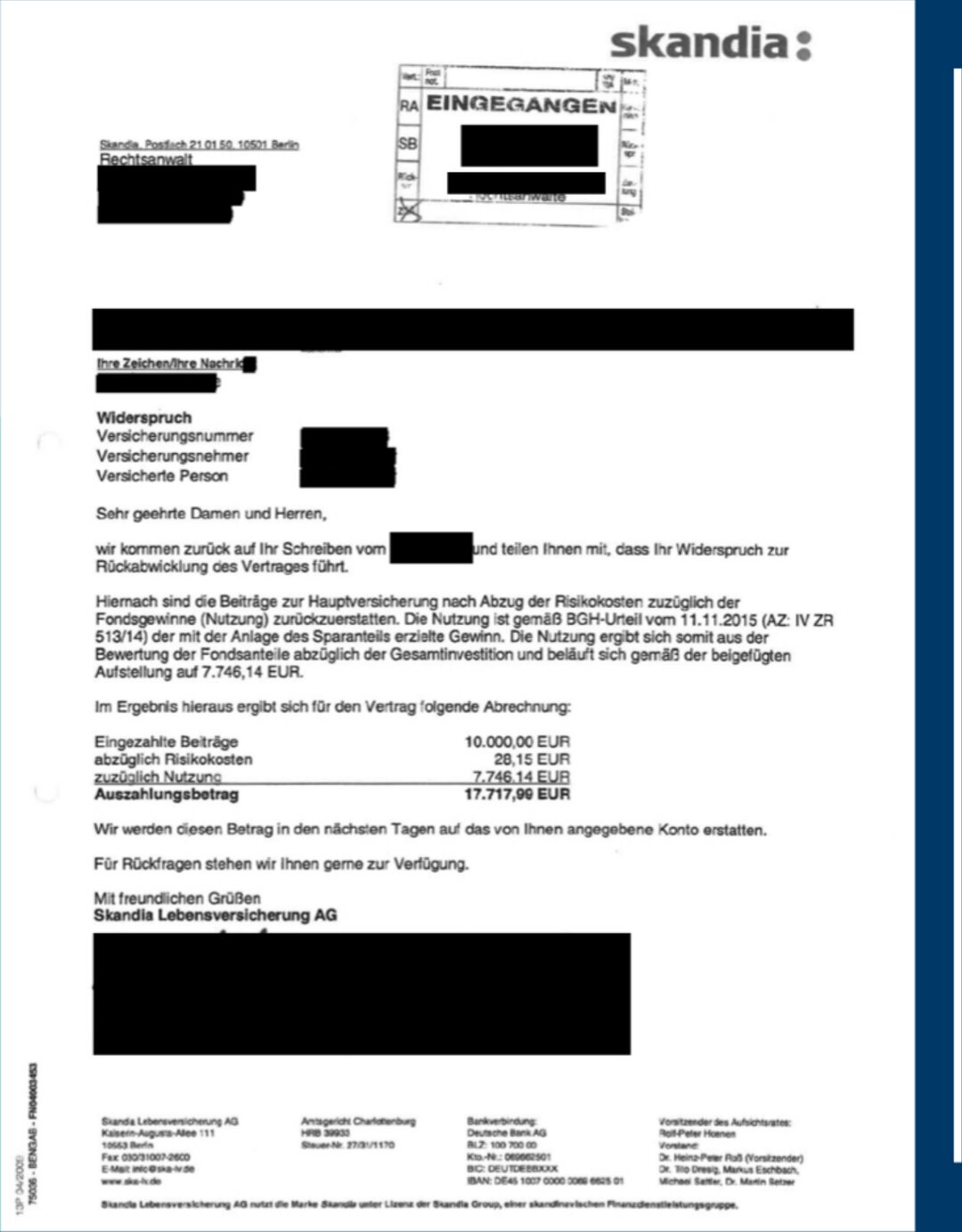 Original-Abrechnungsschreiben des Versicherers (geschwärzt), Fall 09: Fondsgebundene Lebensversicherung, +77,20 % Mehrerlös nach 6 Wochen Nachverhandlung