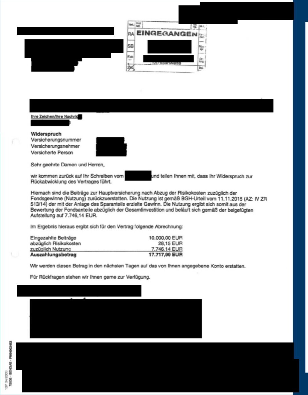 Geschwärztes Abrechnungsschreiben zu einer fondsgebundenen Lebensversicherung aus dem Beweisarchiv
