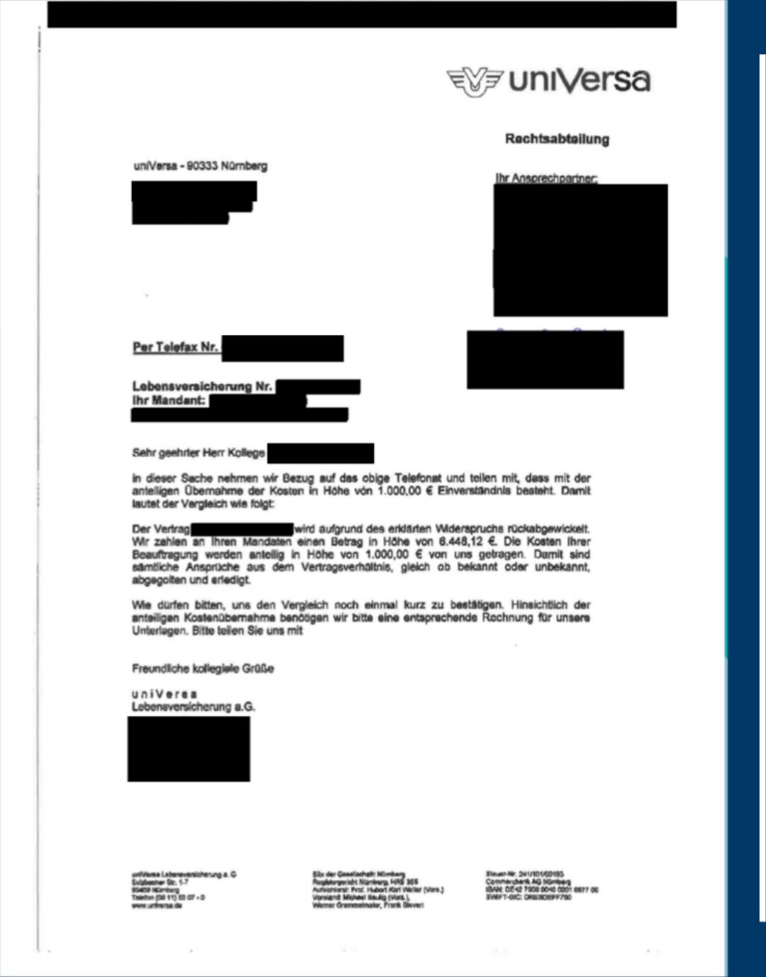 Original-Abrechnungsschreiben des Versicherers (geschwärzt), Fall 10: Lebensversicherung, +165,35 % Mehrerlös nach 13 Monate Nachverhandlung