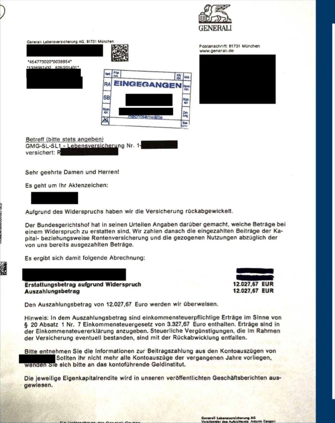 Original-Abrechnungsschreiben des Versicherers (geschwärzt), Fall 11: Kapital-/Rentenversicherung, +207,01 % Mehrerlös nach 4 Wochen Nachverhandlung