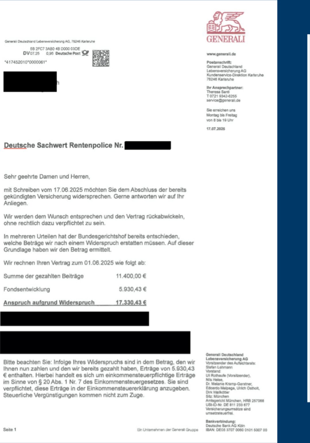 Original-Abrechnungsschreiben des Versicherers (geschwärzt), Fall 12: Fondsgebundene Rentenpolice, +292,16 % Mehrerlös nach 32 Monate Nachverhandlung